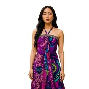 Authentic Icon Vintage Halter short Dress‎ Sequin Neckline Purple Abstract XS